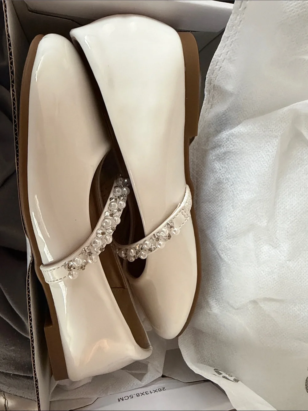 Girls White Mary Jane Flats with Crystal Strap